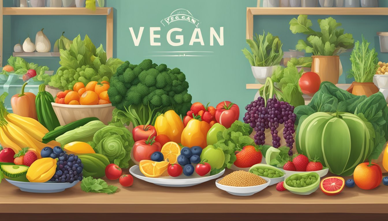 A table set with a colorful array of fruits, vegetables, and grains, with a prominent "vegan" label