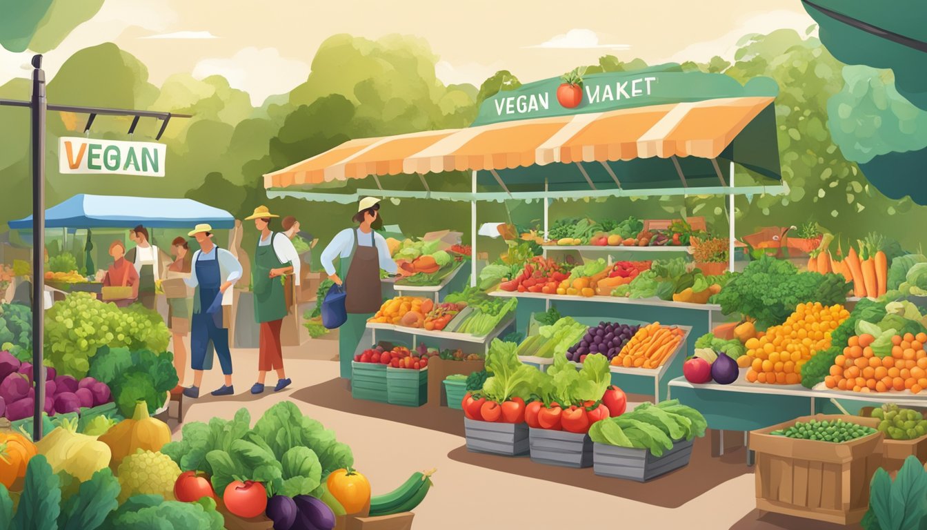 A small, vibrant garden with ripe fruits and vegetables, a sign displaying "Vegan" products, and a busy farmer's market with customers seeking information