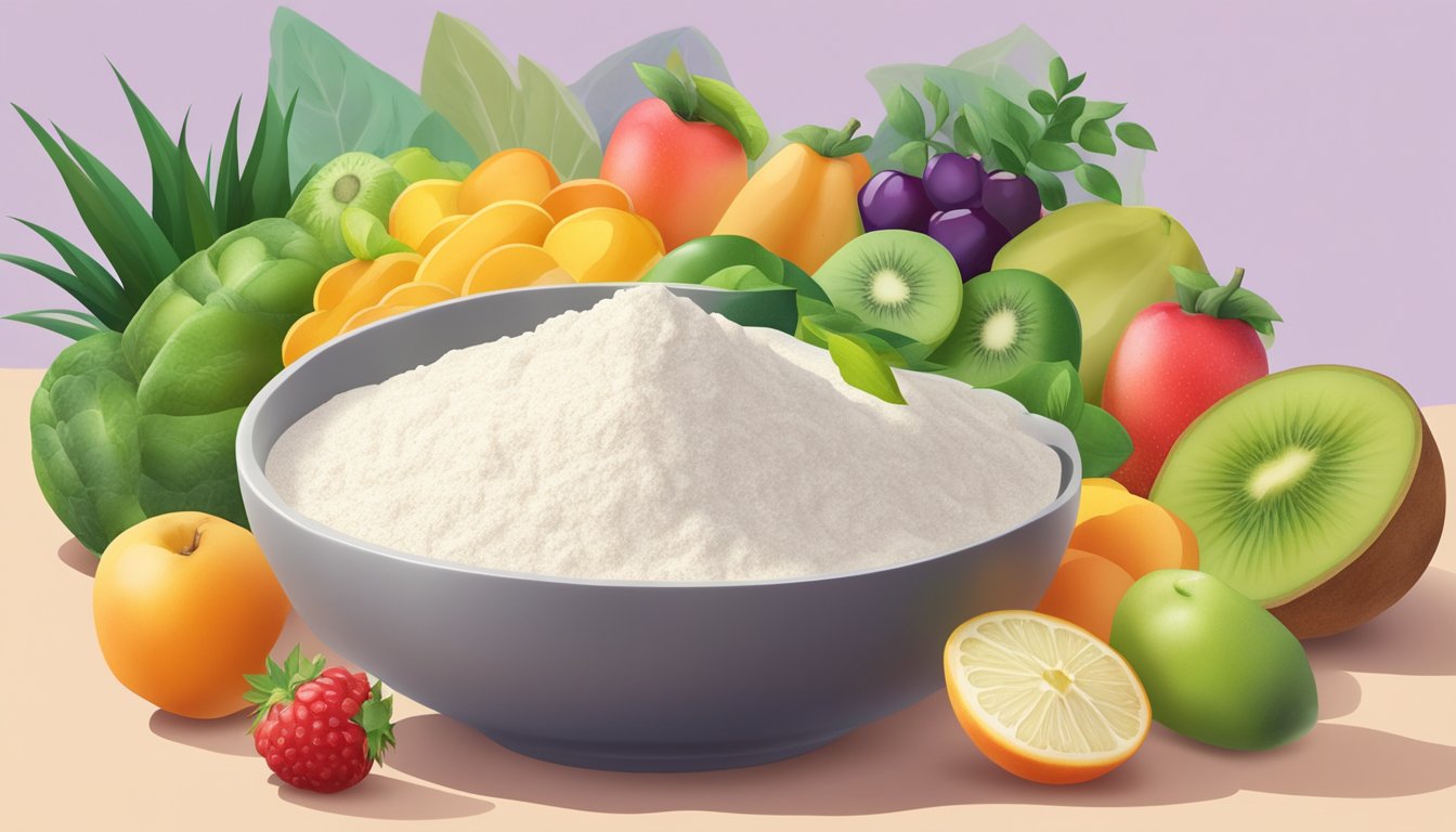 A bowl of tapioca flour surrounded by a variety of colorful fruits and vegetables, with a plant-based milk carton in the background