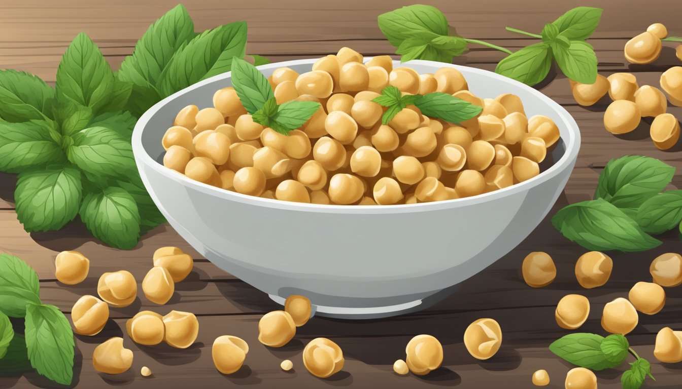 A bowl of chickpea snacks surrounded by whole chickpeas and a sprig of fresh mint on a wooden table