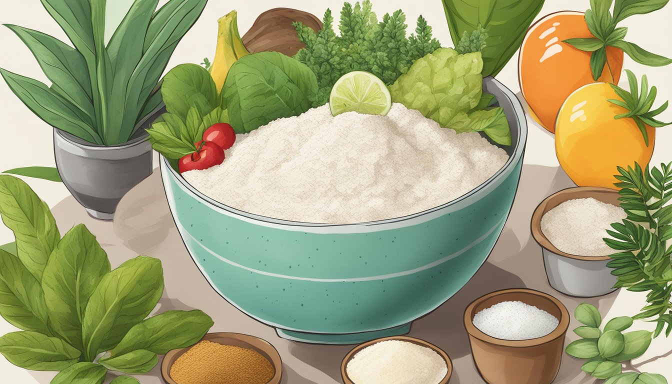 A bowl of tapioca flour surrounded by various plant-based ingredients and a "vegan" label