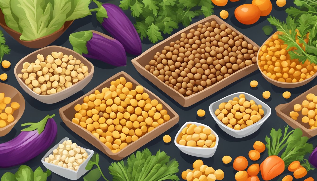 A colorful display of Good Bean chickpea snacks, surrounded by fresh chickpeas and vibrant vegetables