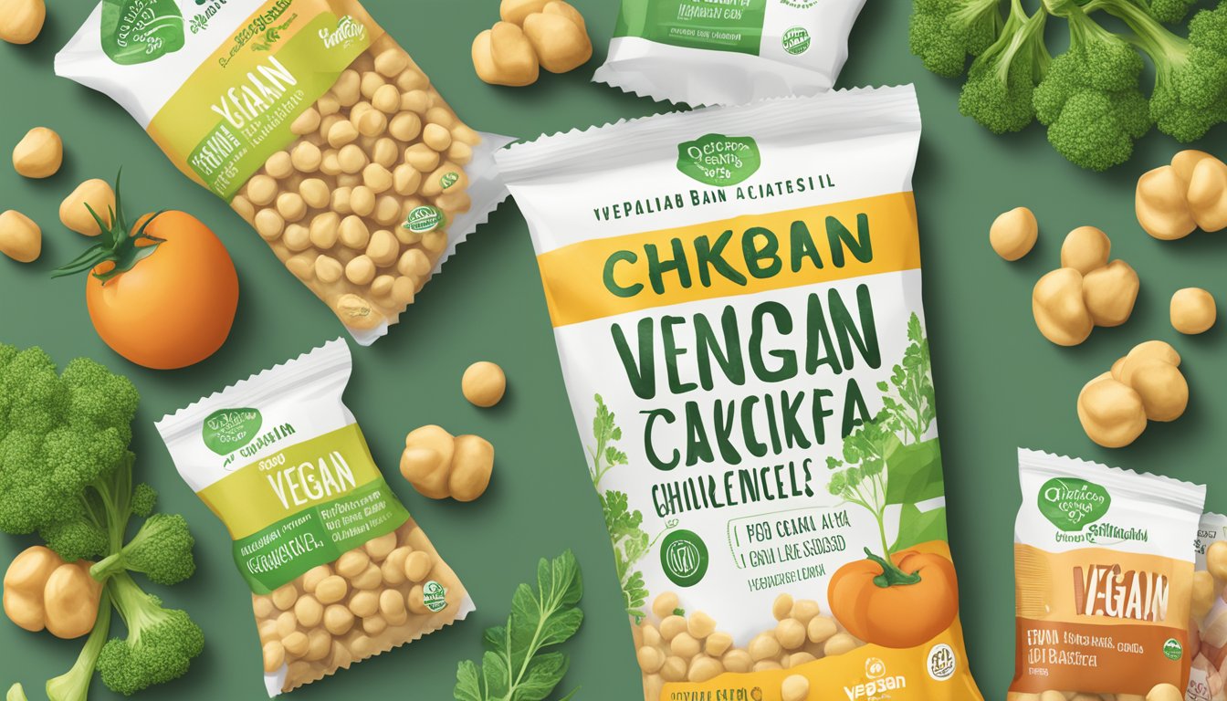 A vibrant display of chickpeas, vegetables, and plant-based ingredients, with a prominent "Vegan" label on The Good Bean chickpea snacks packaging