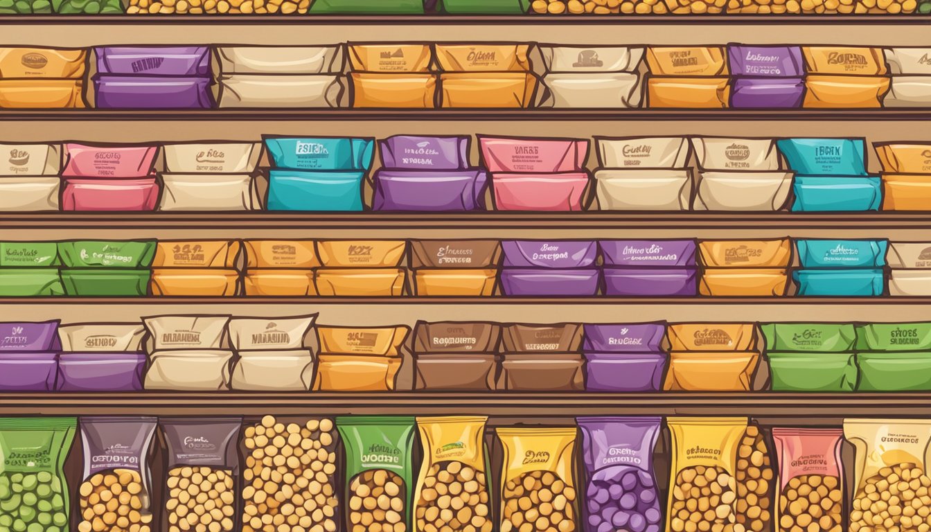 A colorful array of chickpea snack bags with various flavors and varieties displayed on a shelf