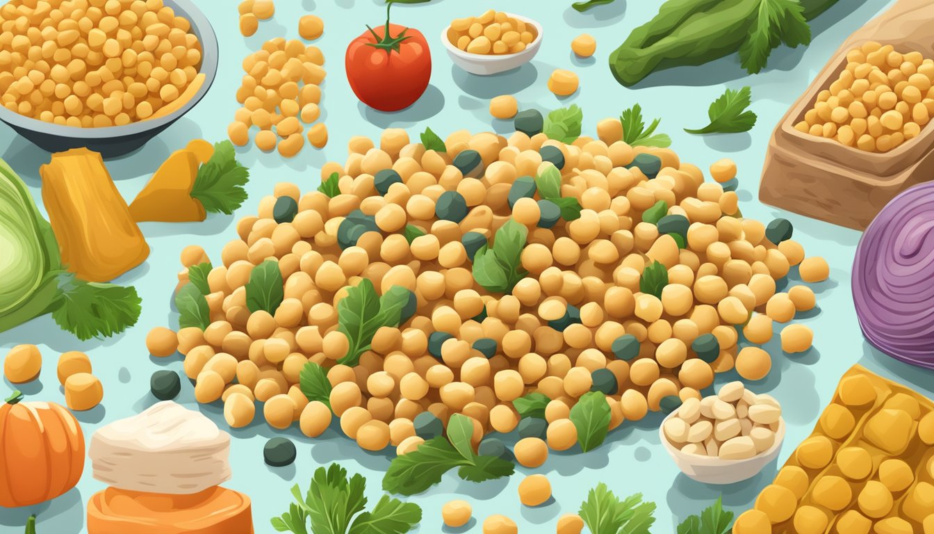 A colorful pile of chickpea snacks with a "vegan" label, surrounded by images of vegetables and nutritional information