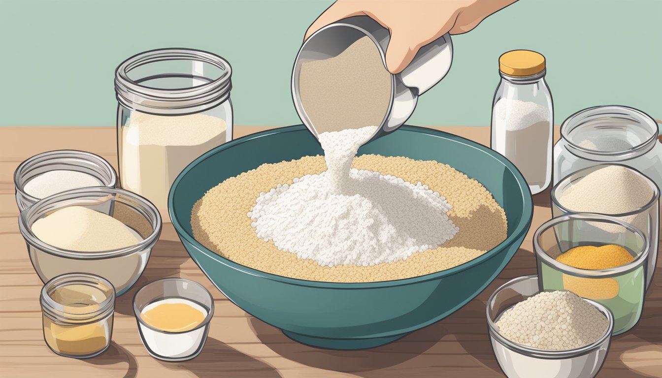 A person pouring rice flour into a mixing bowl with various other vegan flour options nearby