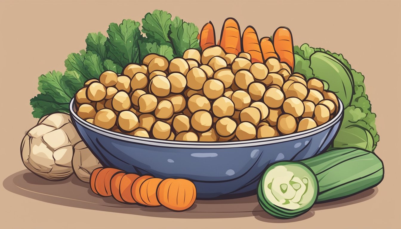 A colorful bowl of chickpea snacks sits next to a variety of fresh vegetables, ready to be paired with the vegan good bean snacks