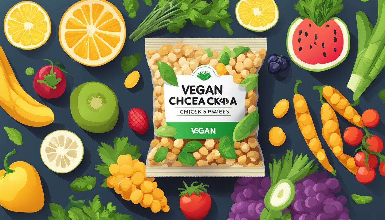 A colorful bag of Good Bean Chickpea snacks surrounded by fresh, vibrant vegetables and fruits, with a clear "vegan" label