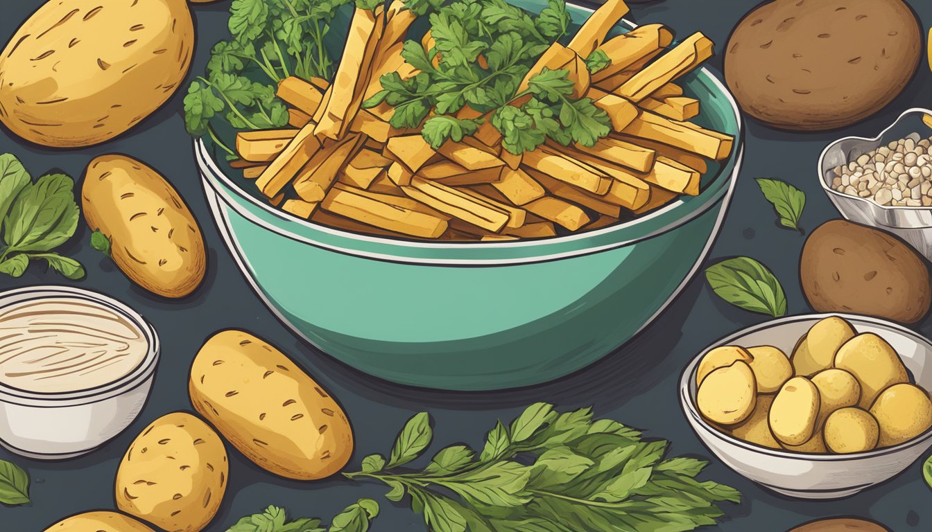 A bowl of potato sticks alongside various plant-based foods and ingredients, emphasizing vegan options