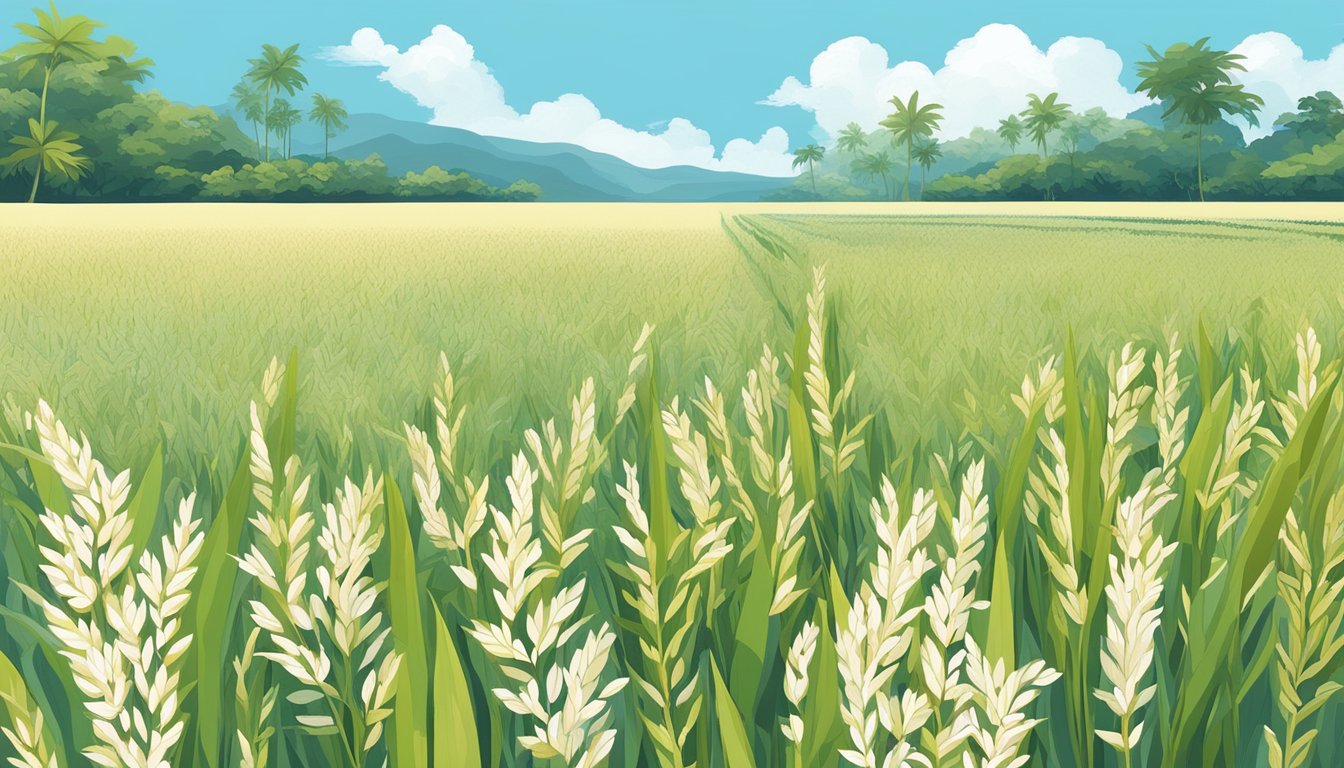 A field of ripe rice plants with a clear blue sky and a gentle breeze, showcasing the sustainable sourcing of rice flour