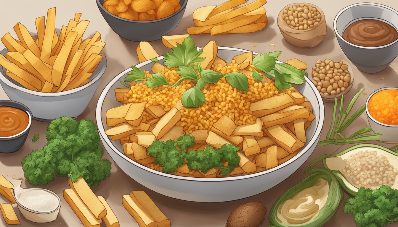 A bowl of crispy potato sticks next to a variety of vegan ingredients like vegetables and grains