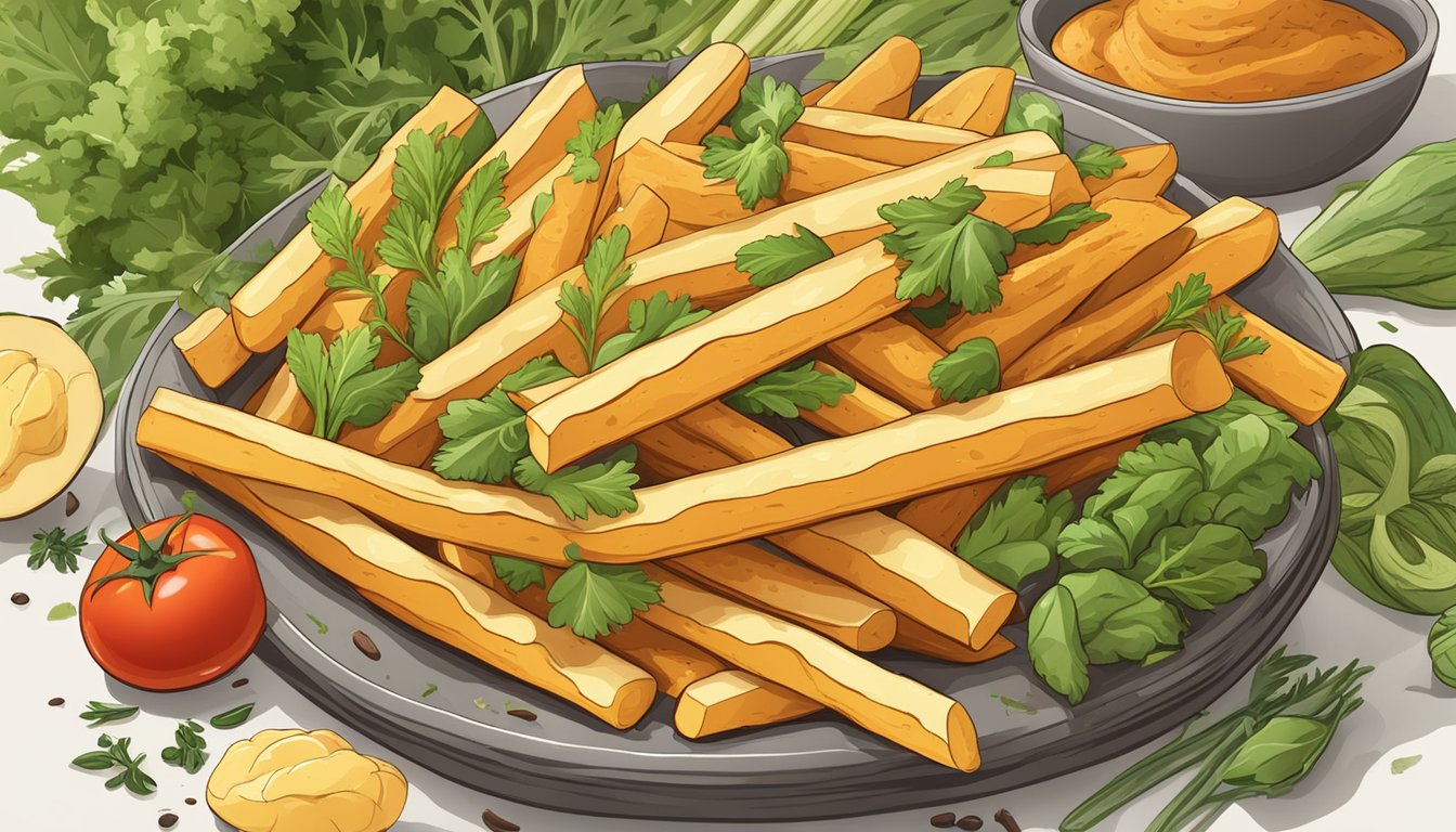 A pile of potato sticks surrounded by various vegetables and plant-based ingredients