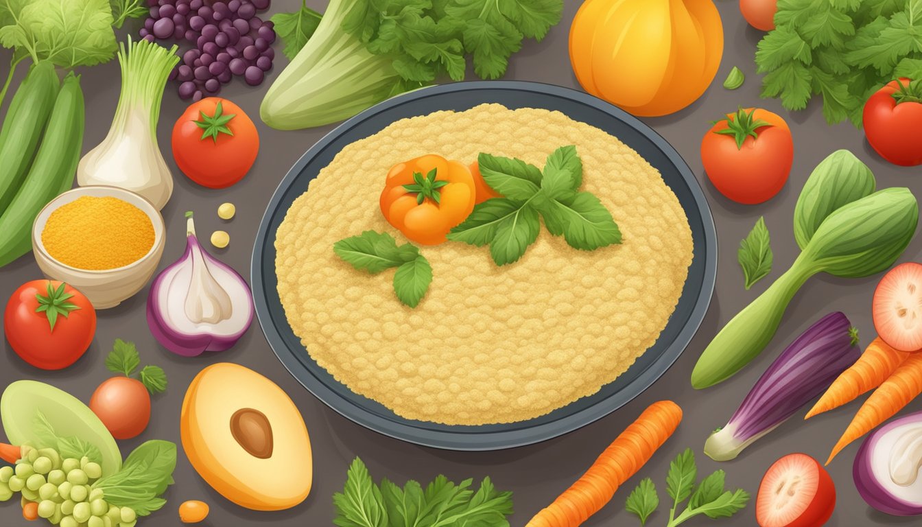 A bowl of chickpea flour surrounded by fresh vegetables and fruits