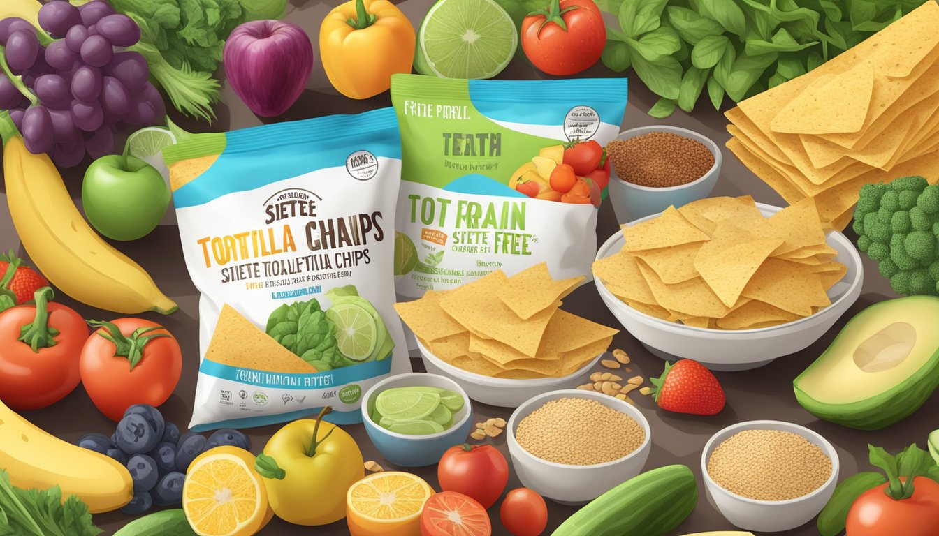 A colorful pile of siete grain free tortilla chips surrounded by fresh vegetables and a variety of fruits, with a nutrition label and a list of health benefits in the background