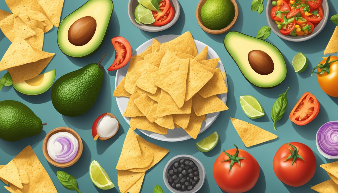 A pile of Siete grain-free tortilla chips with various textures and flavors, surrounded by ingredients like avocados, tomatoes, and peppers