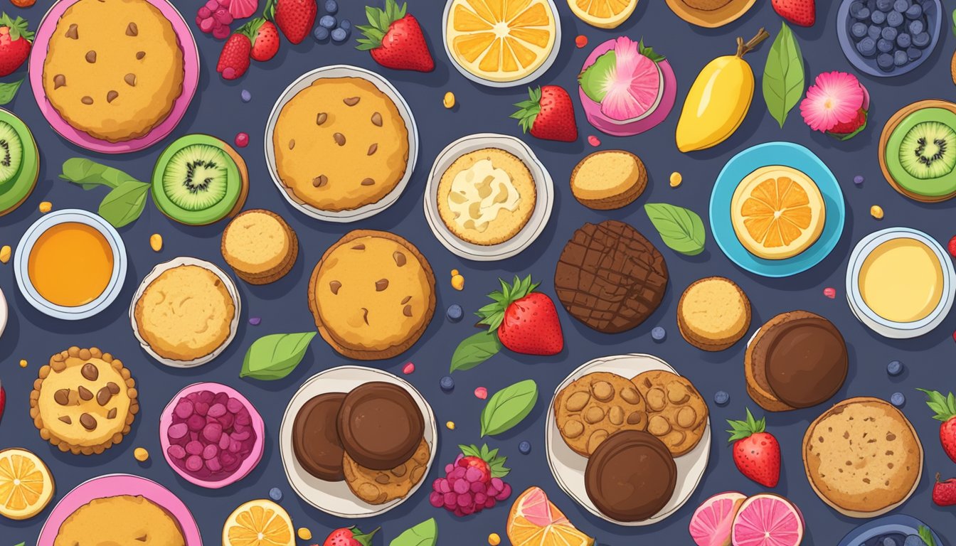 A table filled with various sweet vegan treats made with chickpea flour, including cookies, muffins, and brownies, displayed on colorful plates and surrounded by vibrant fruits and flowers