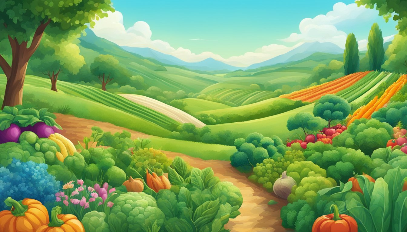 A lush green field with a clear blue sky, featuring a variety of colorful vegetables and grains growing in harmony, surrounded by a diverse ecosystem of plants and animals