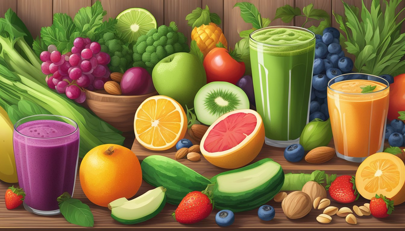 A colorful array of fresh fruits, vegetables, nuts, and grains spread out on a wooden table, with a vibrant green plant-based smoothie in a clear glass