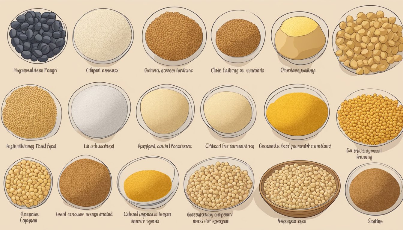 A variety of ingredients, including chickpeas, nuts, and grains, are arranged on a table for comparison. Chickpea flour is highlighted as a vegan option