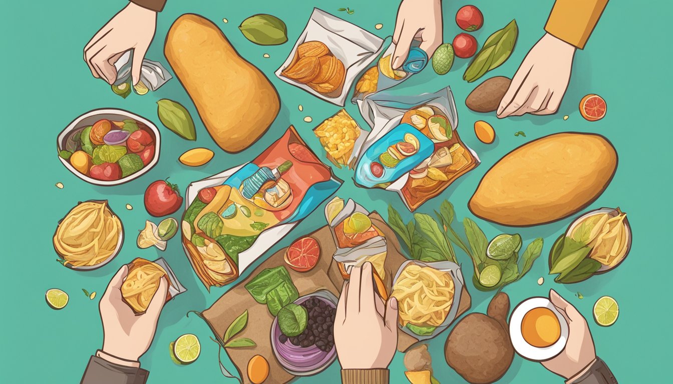 A hand holding a bag of Munchos, surrounded by various food ingredients