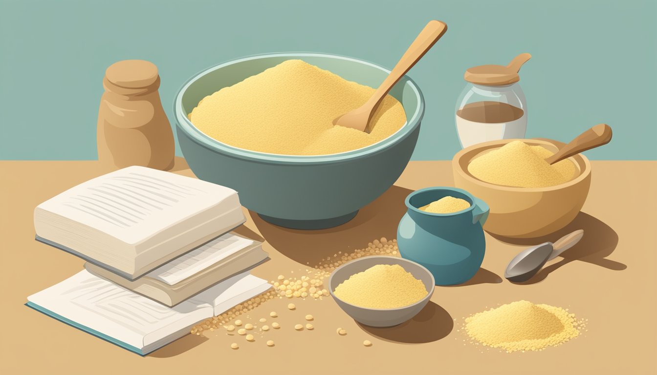 A bowl of chickpea flour surrounded by various cooking and baking ingredients, with a mixing spoon and recipe book nearby