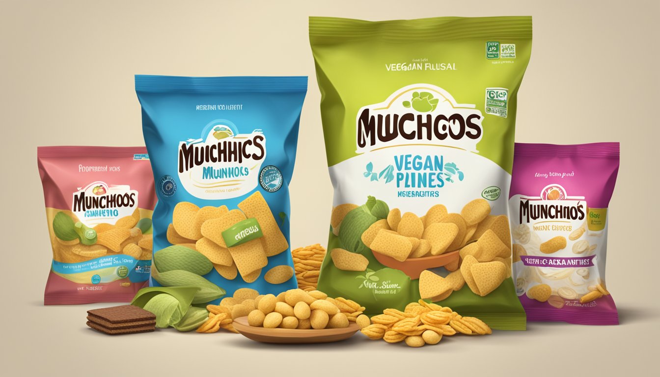 A bag of Munchos sits next to other snacks. Ingredients label shows "vegan."