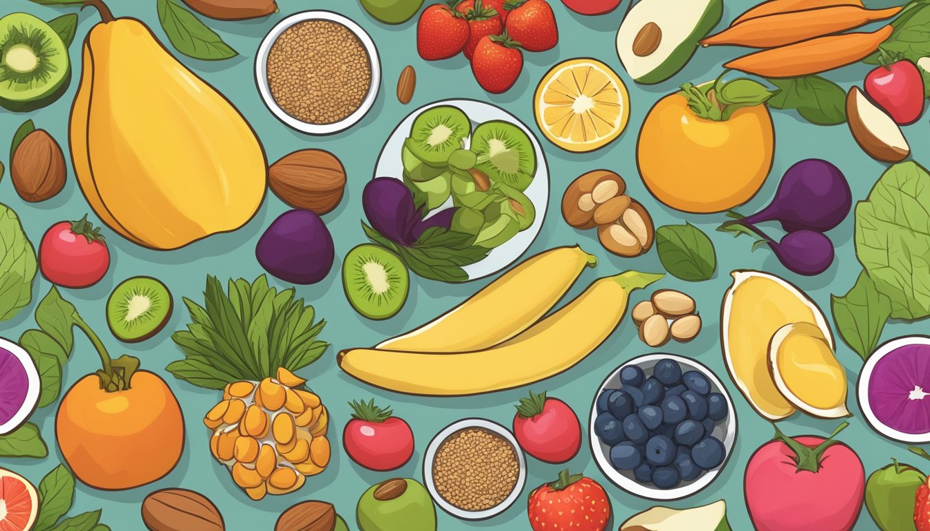 A colorful array of fresh fruits and vegetables, nuts, seeds, and grains arranged on a table, with a variety of vegan snacks and plant-based protein options