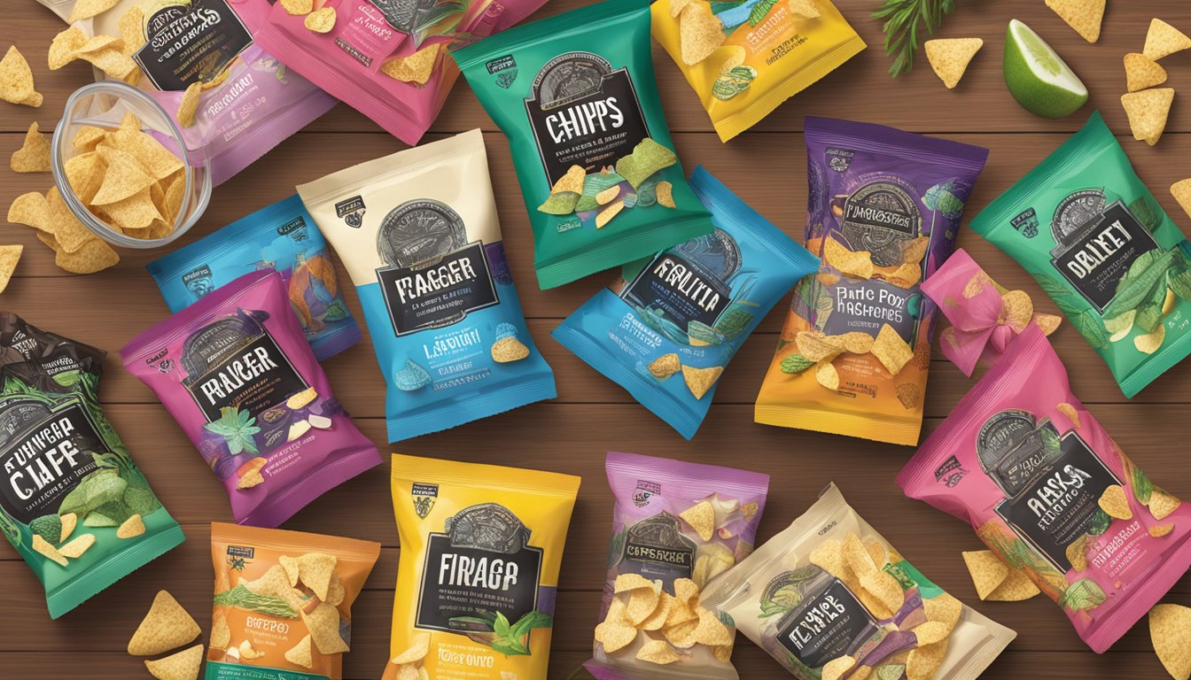 A variety of Forager Project chips spread out on a wooden table, with colorful packaging and different flavors visible