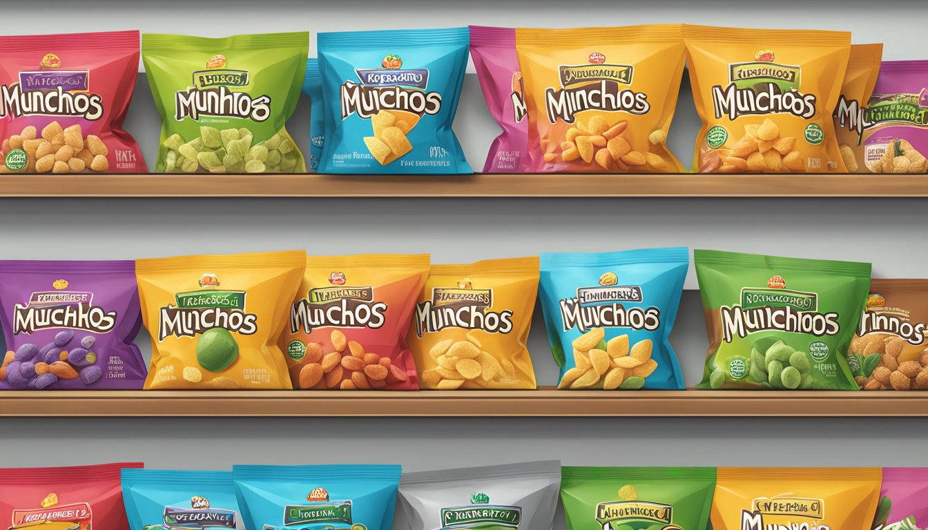 A colorful array of Munchos snack bags, featuring various flavor variants, are displayed on a shelf. A "Vegan" label is prominently visible on the packaging