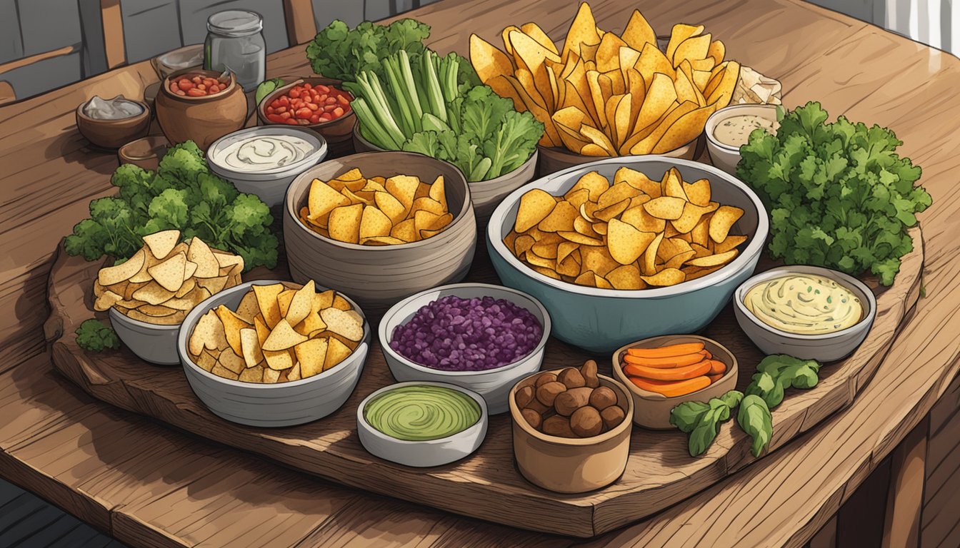 A rustic wooden table displays a bowl of Forager Project chips alongside fresh vegetables and a variety of vegan dips