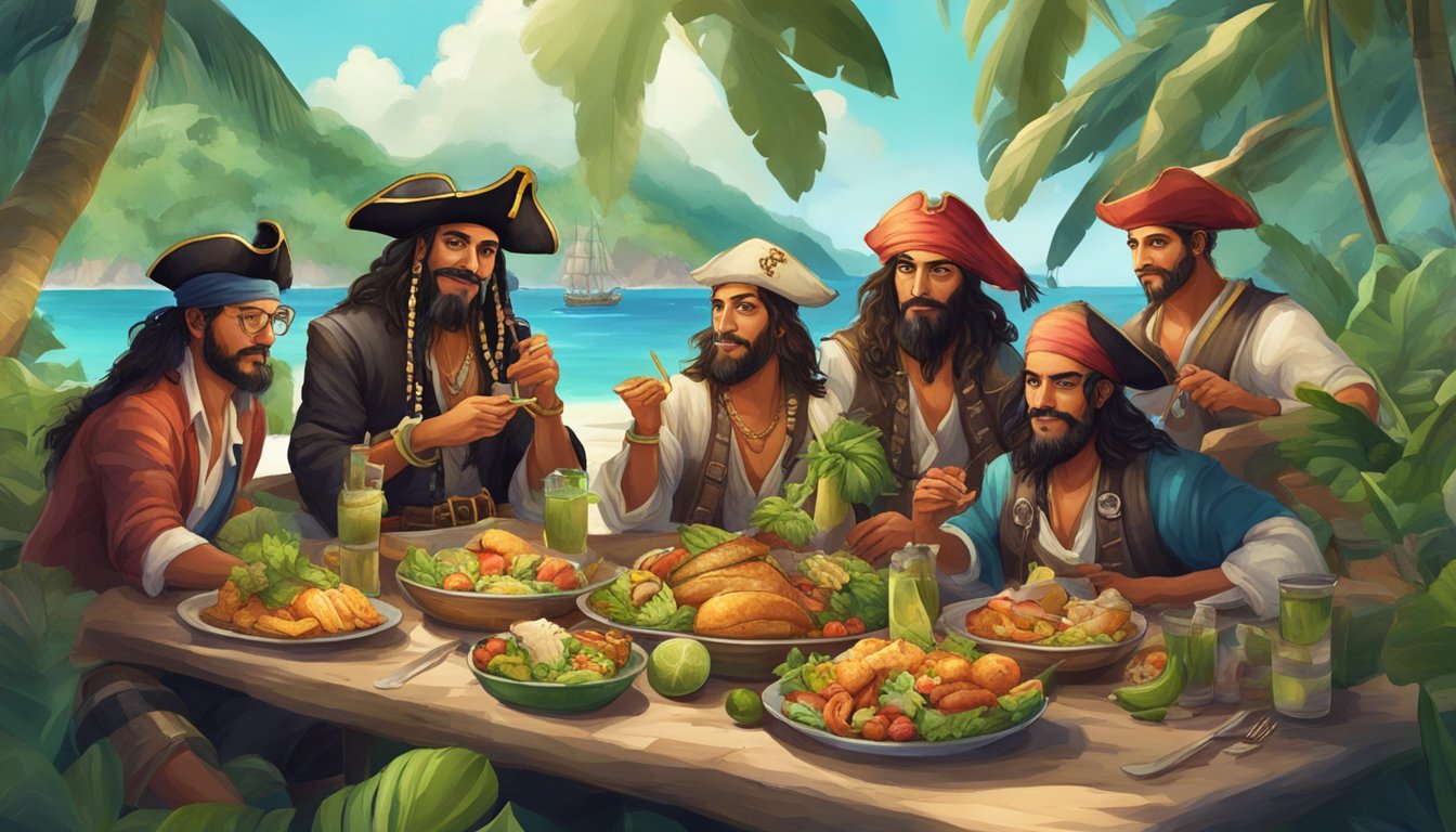 A group of pirates enjoying a feast of vegan food on a tropical island