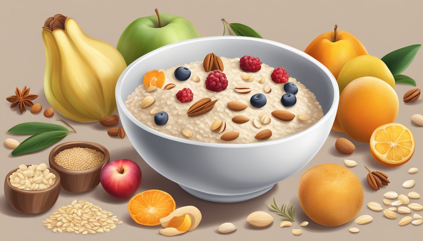 A bowl of oat flour surrounded by various fruits, nuts, and spices