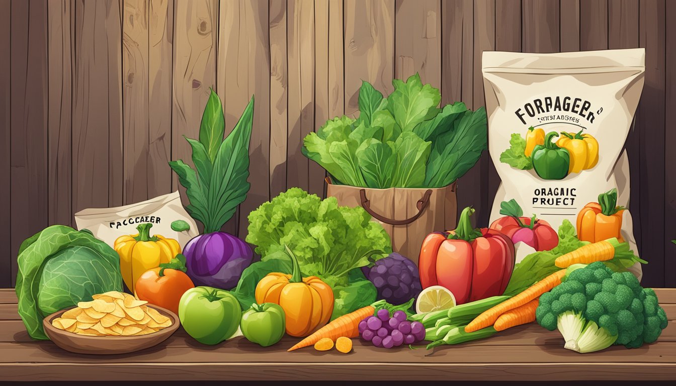 A colorful array of organic vegetables and fruits are spread out on a rustic wooden table, with a bag of "Forager Project" vegan chips placed next to them