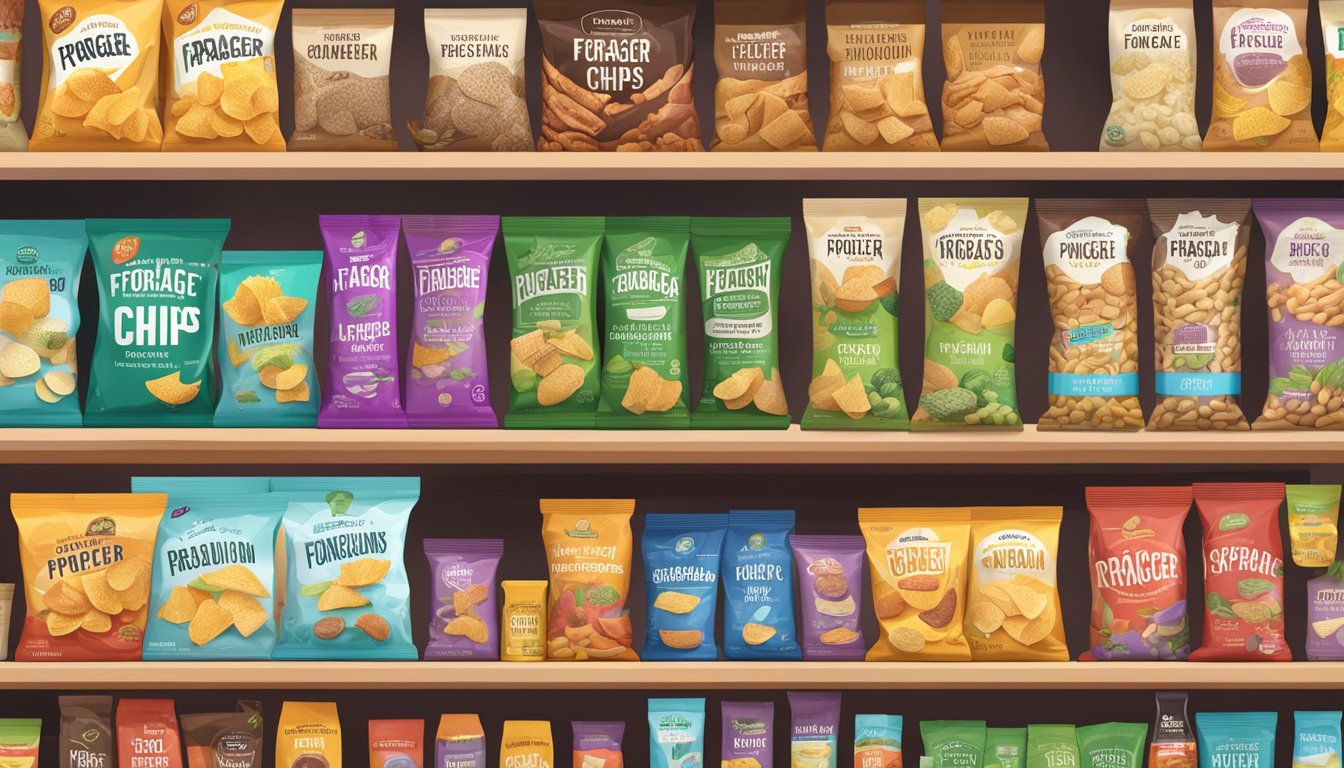 A colorful display of Forager Project chips surrounded by various vegan product offerings on a shelf in a grocery store