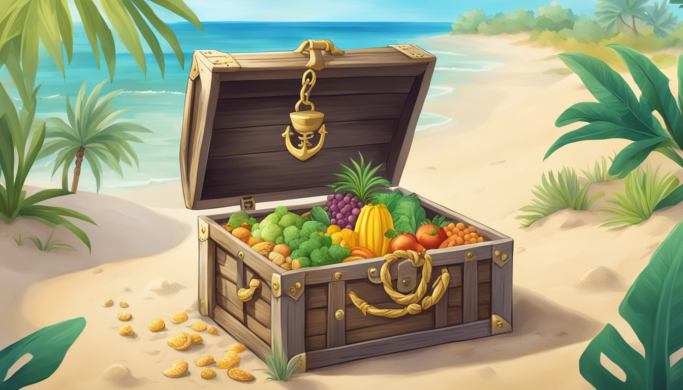 A treasure chest overflowing with plant-based foods and a sign that reads "Pirate's Booty - Vegan Delights" on a sandy beach