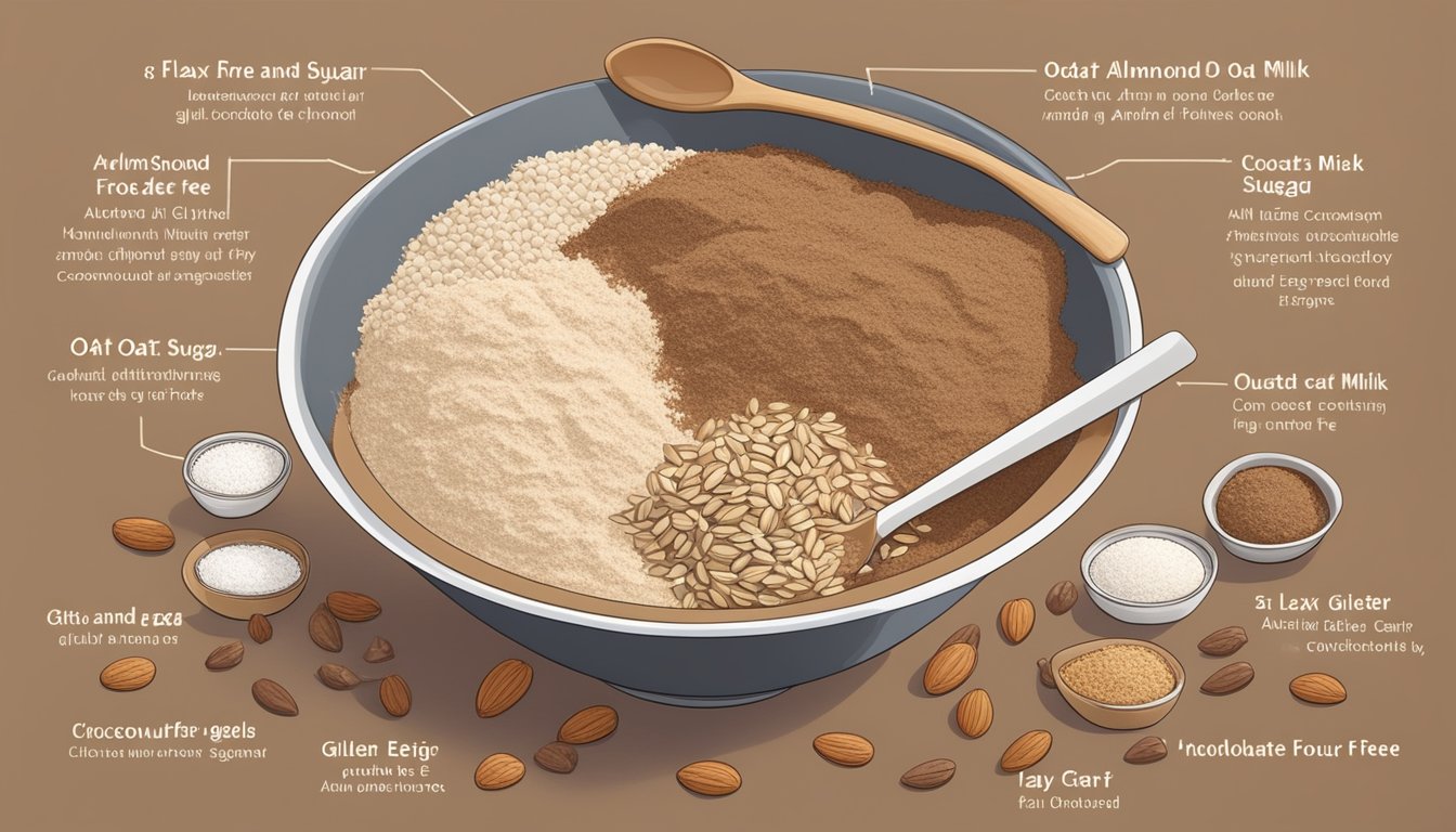 A mixing bowl filled with oat flour, almond milk, and flax eggs, surrounded by various gluten-free ingredients like coconut sugar and dairy-free chocolate chips