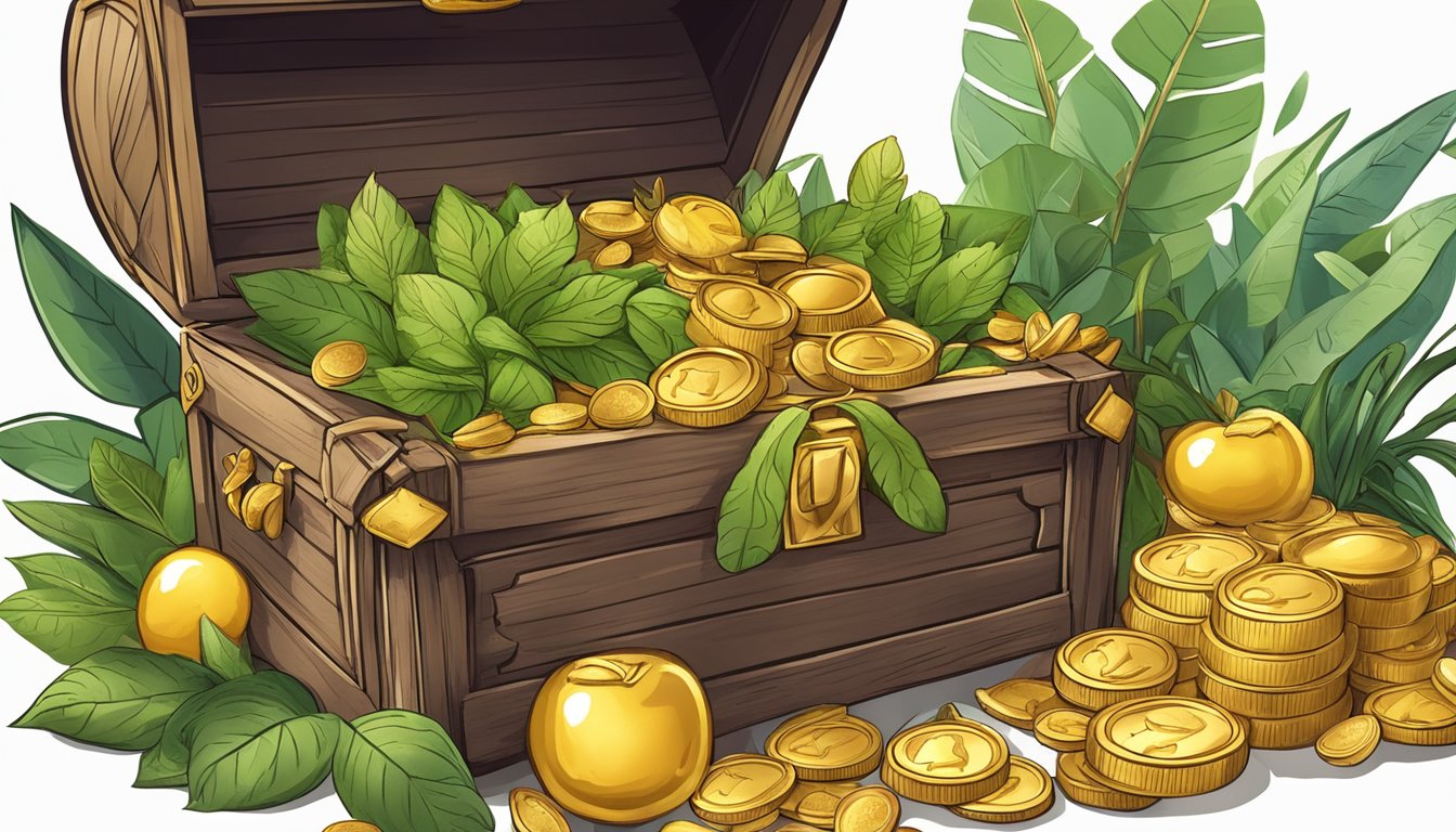 A treasure chest overflowing with plant-based foods and gold coins