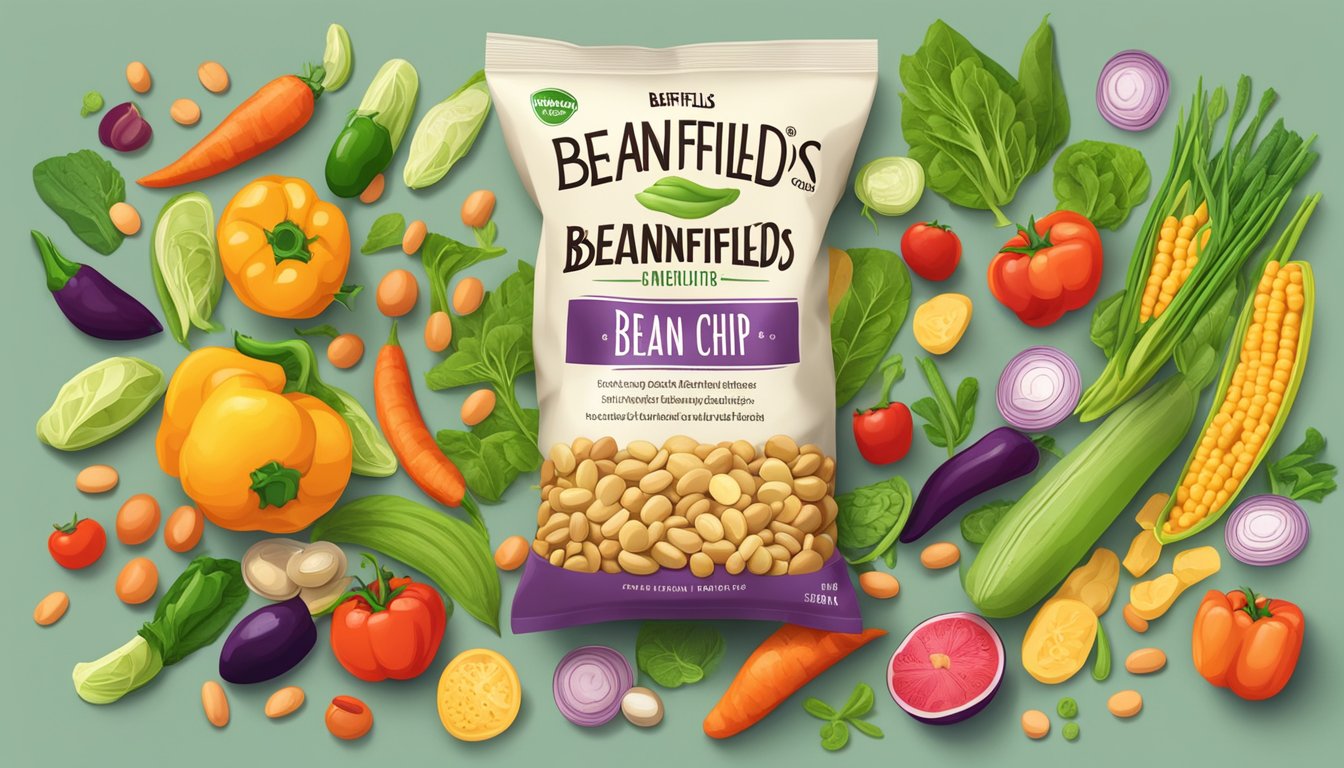 A colorful bag of Beanfields bean chips surrounded by a variety of fresh vegetables and beans, highlighting the nutritional benefits of the product