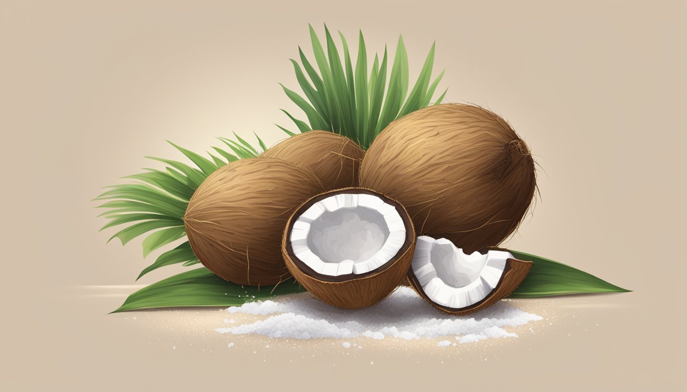 A pile of coconuts with one cracked open, revealing the white, powdery flesh inside. A bag of coconut flour sits nearby, labeled "vegan."