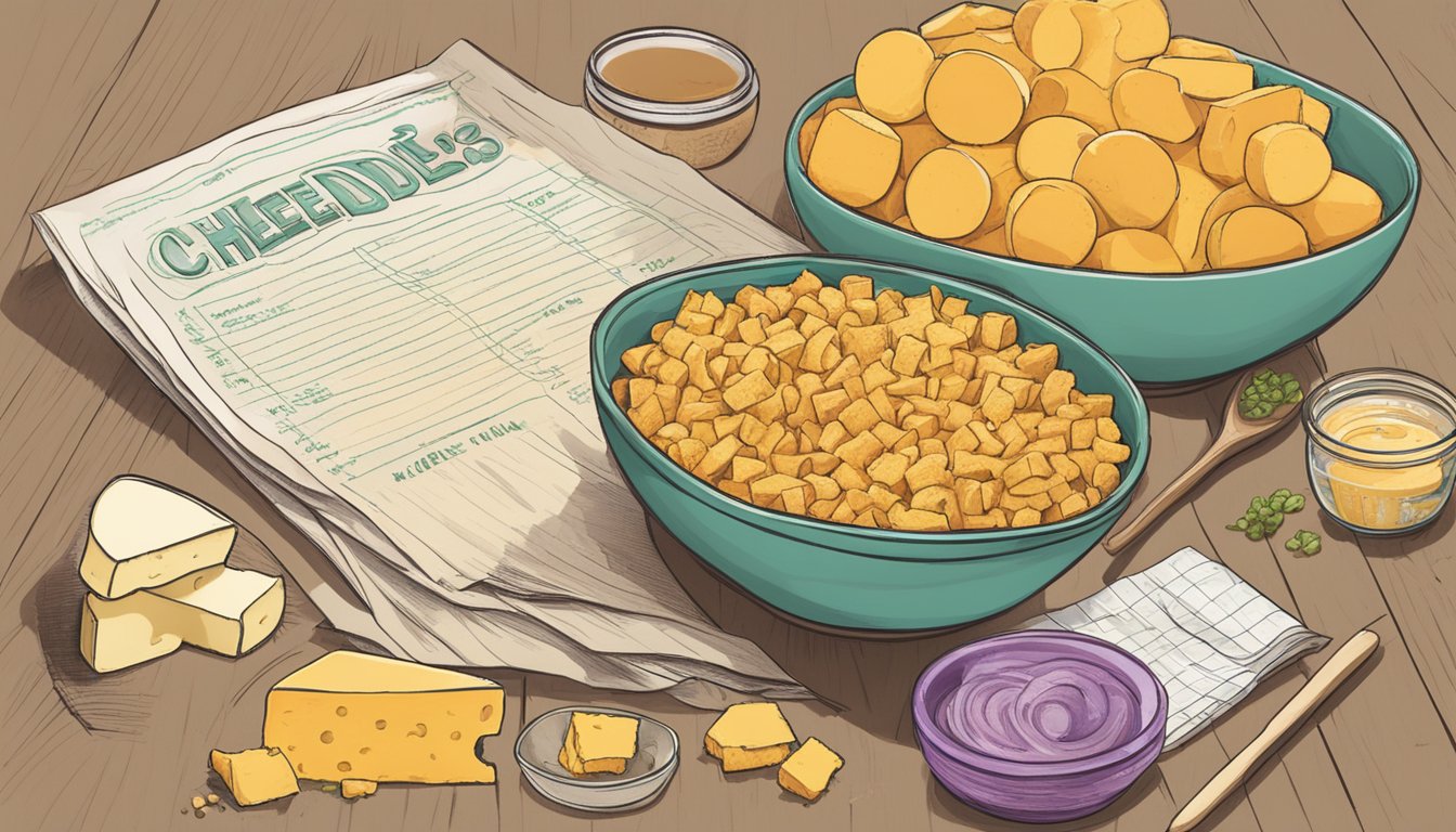 A bowl of Cheez Doodles sits on a table next to a pile of cheese and a list of vegan ingredients