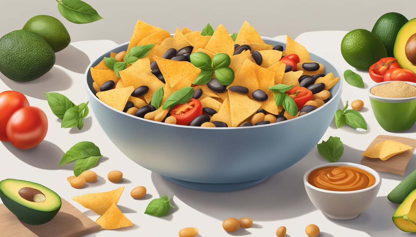 A bowl of beanfields bean chips surrounded by various vegan-friendly ingredients like avocados, tomatoes, and peppers