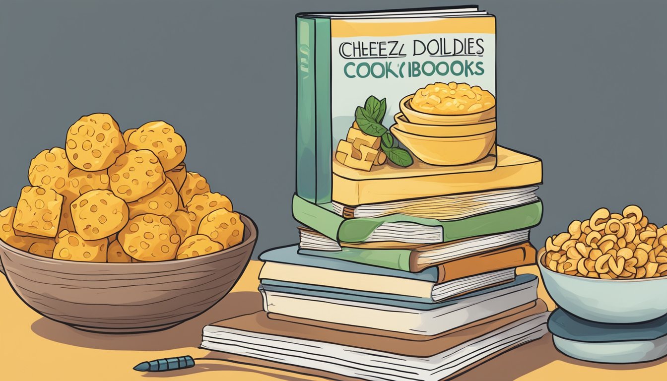 A bowl of cheez doodles next to a stack of vegan cookbooks