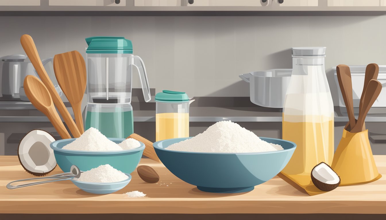 A kitchen counter with a bag of coconut flour, a mixing bowl, and measuring spoons. A whisk and a spatula sit nearby