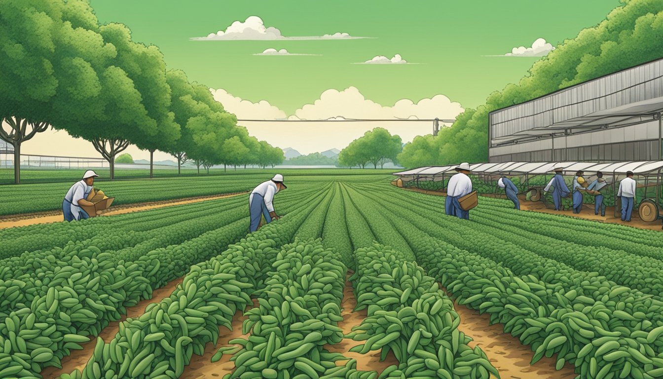 A vast field of green bean plants stretches to the horizon, with workers inspecting and sorting the beans for quality assurance. Nearby, a factory produces bean chips in a clean, efficient environment