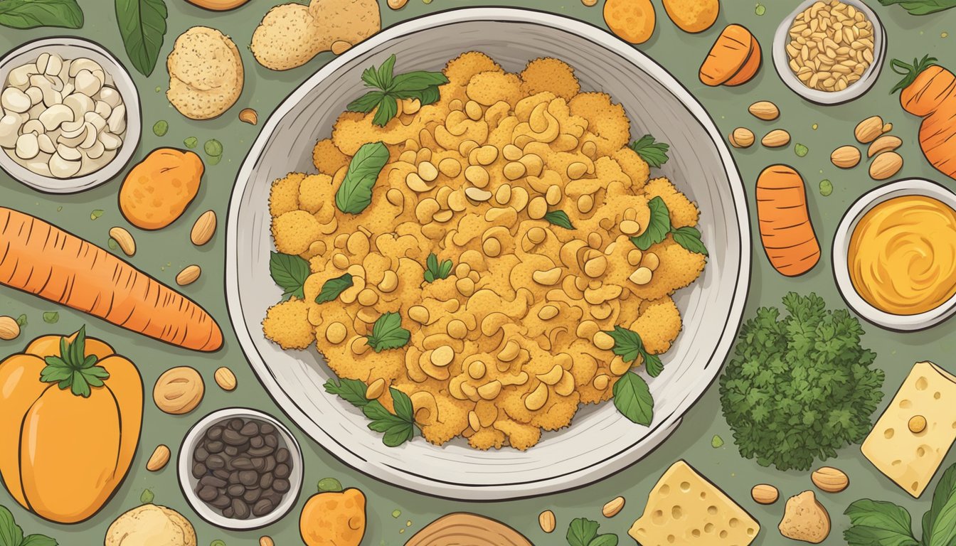 A bowl of Cheez Doodles surrounded by various plant-based ingredients like nutritional yeast, cashews, and carrots