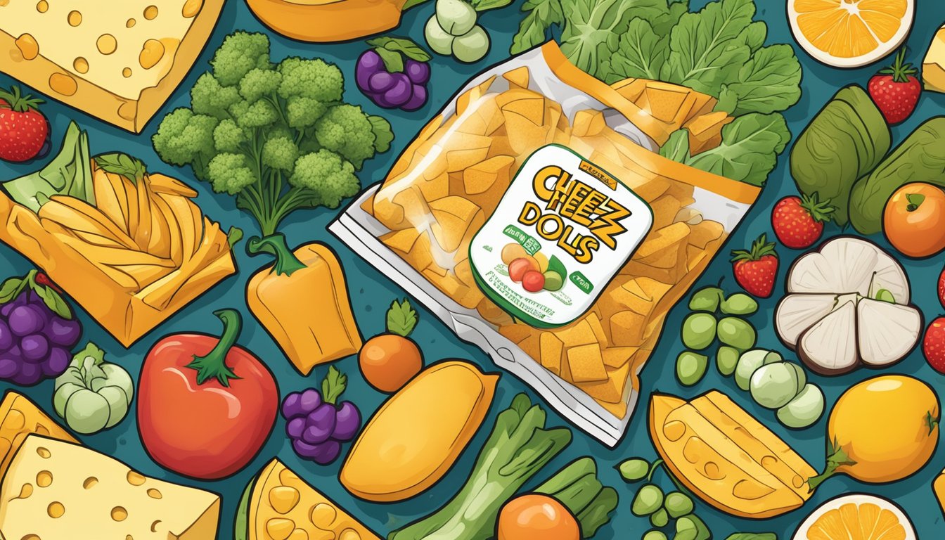 A bag of cheez doodles surrounded by various fruits and vegetables