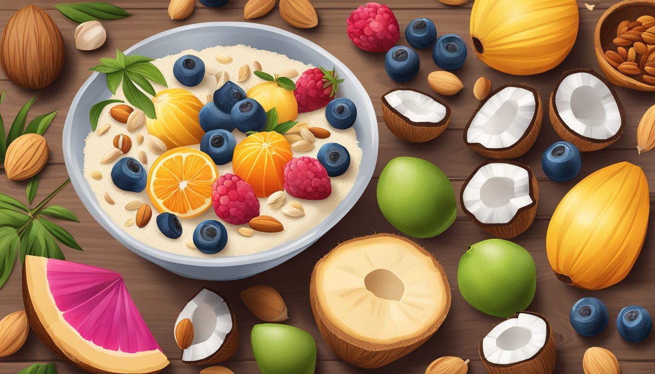 A bowl of coconut flour surrounded by vibrant fruits, nuts, and seeds on a wooden table