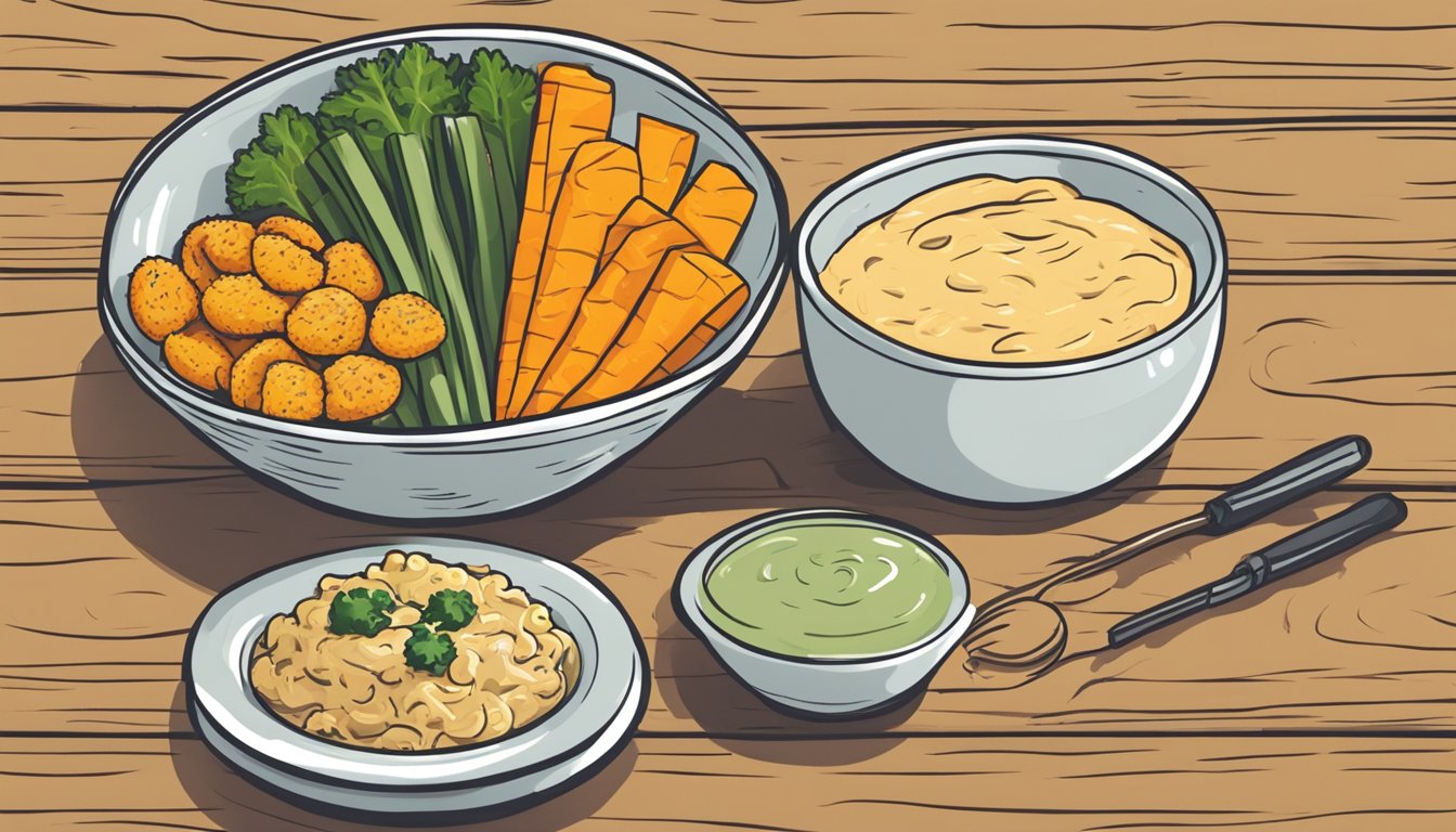 A bowl of Cheez Doodles sits next to a plate of fresh vegetables and a container of vegan dip, all arranged on a wooden table