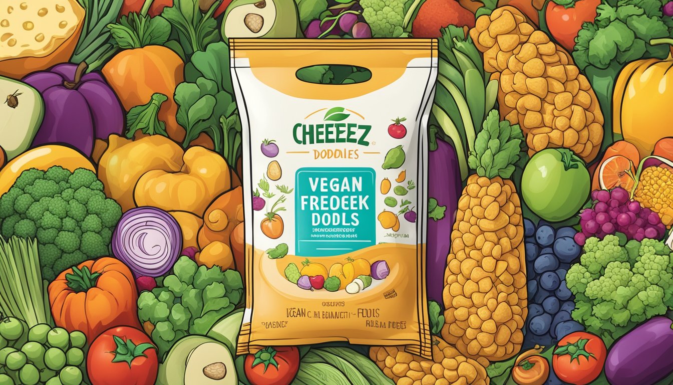 A vibrant bag of cheez doodles surrounded by an array of colorful vegetables and fruits, with a prominent "vegan" label