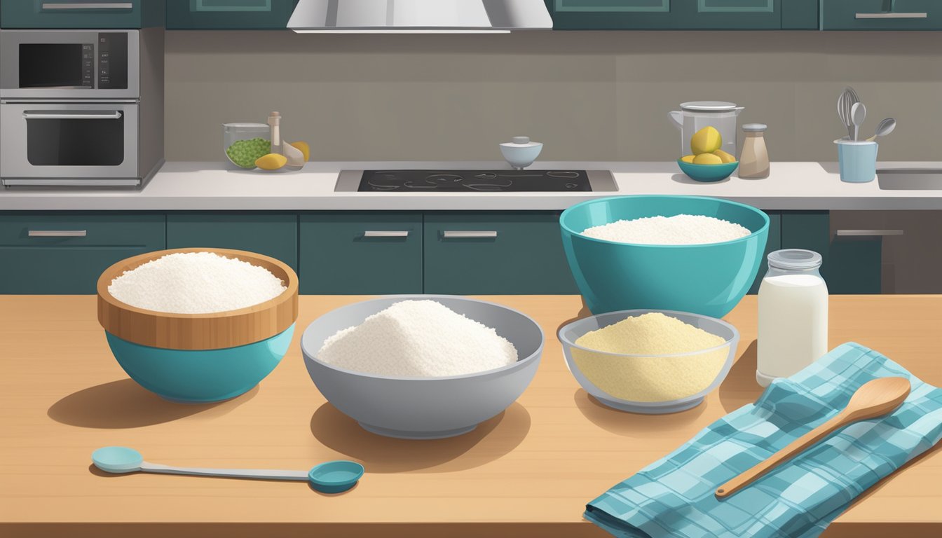 A kitchen counter with a mixing bowl, measuring spoons, and a bag of coconut flour. A storage container sits nearby